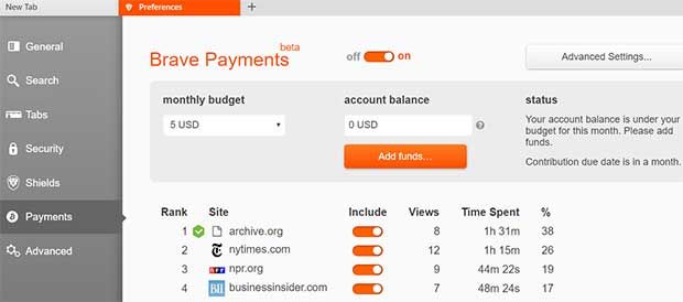 What the Brave Payments Web interface looks like