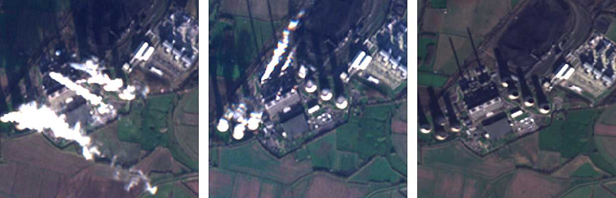 3 satellite images showing visible smoke and water vapor plumes at a power plant.