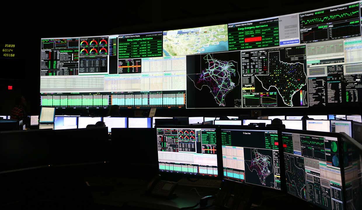 The Texas electrical grid is controlled by the Electric Reliability Council of Texas (ERCOT) from a control room in Taylor, Texas.