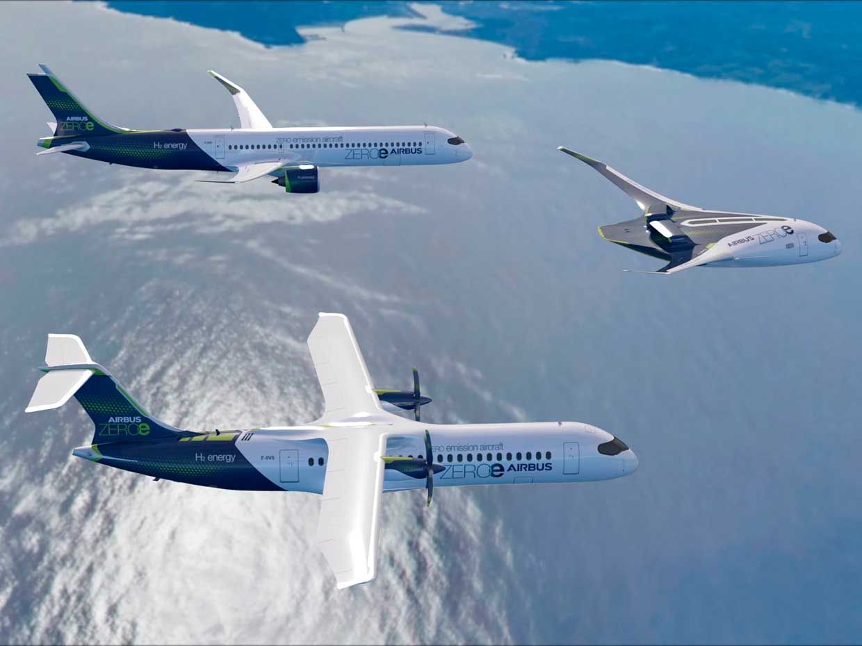 Airbus shows its three ZEROe carbon-neutral concept aircraft in formation in this artist's rendition.