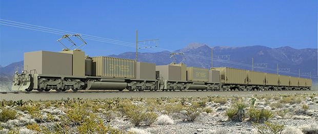 A train on tracks is part of the advanced rail energy storage project, which stores energy for the electricity grid as the potential energy of a train on a hill.