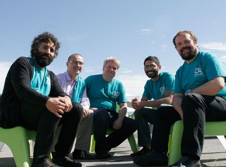  The Arduino core team [from left]—David Cuartielles, Gianluca Martino, Tom Igoe, David Mellis, and Massimo Banzi—get together at Maker Faire in New York City.