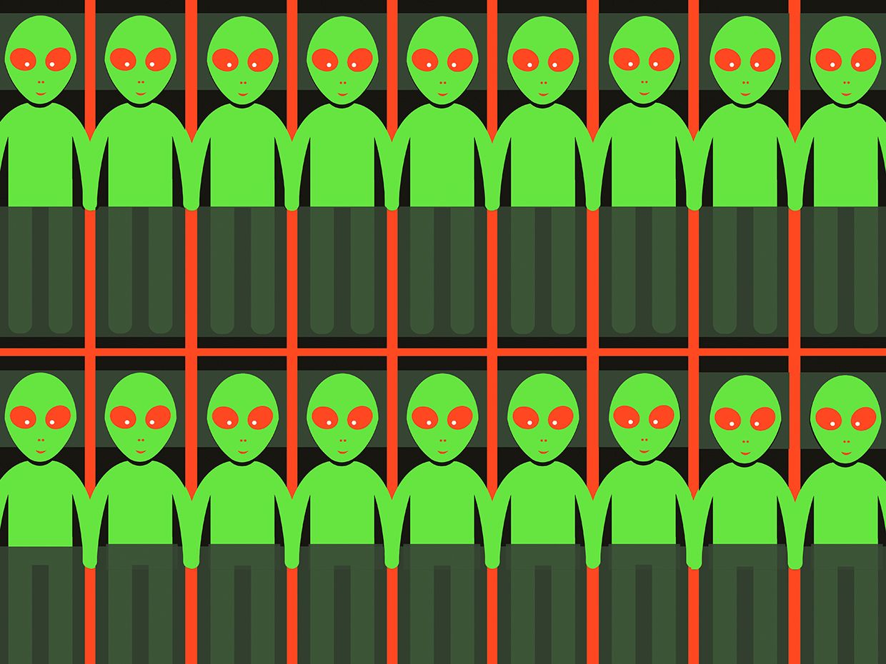 An illustration of little green men with red eyes standing in rows. 