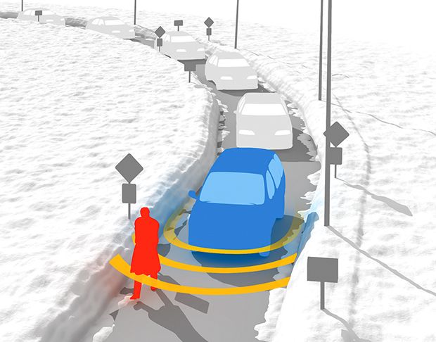 illustration depicting snow pushing pedestrians into the street