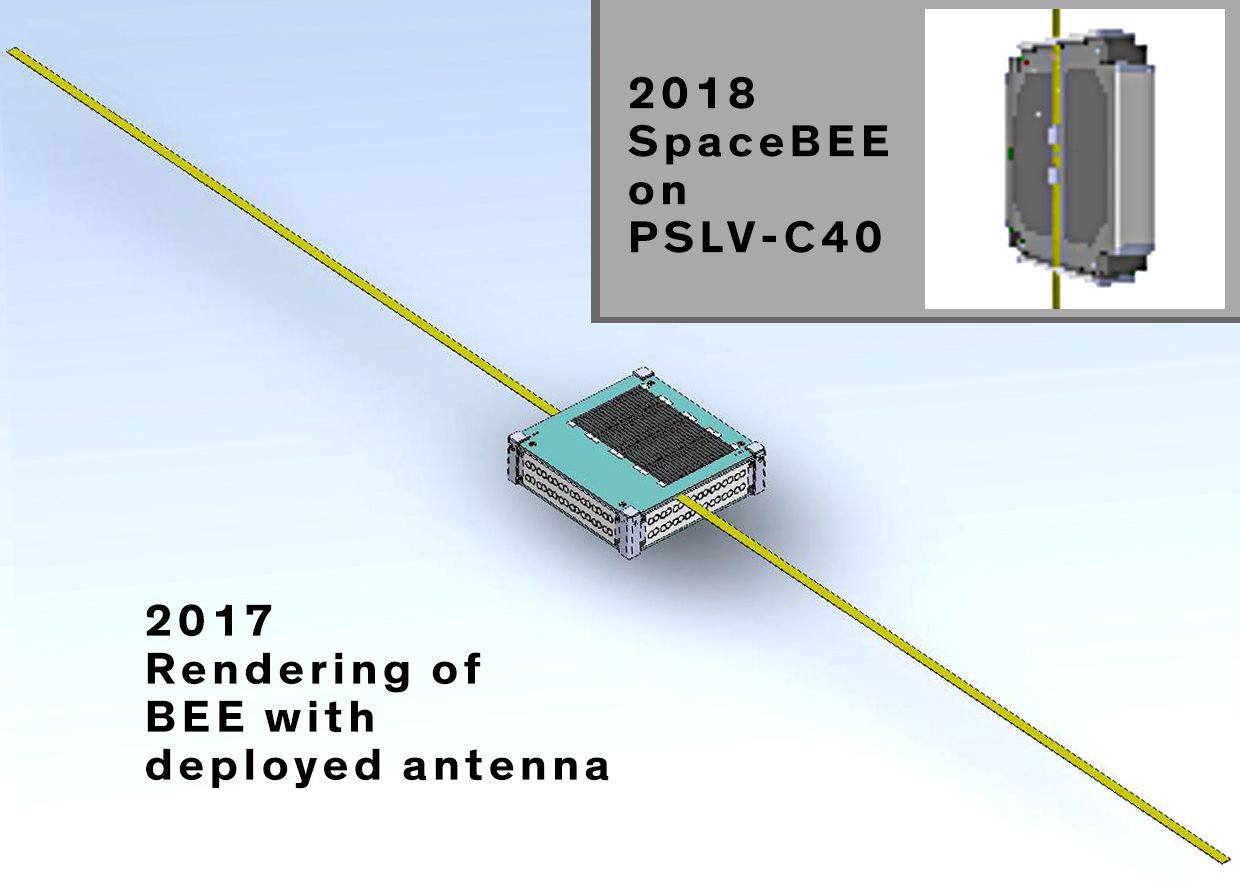 Comparison of the rendering of a BEE with deployed antenna from a 2017 document with an ISRO image of a SpaceBEE satellite.