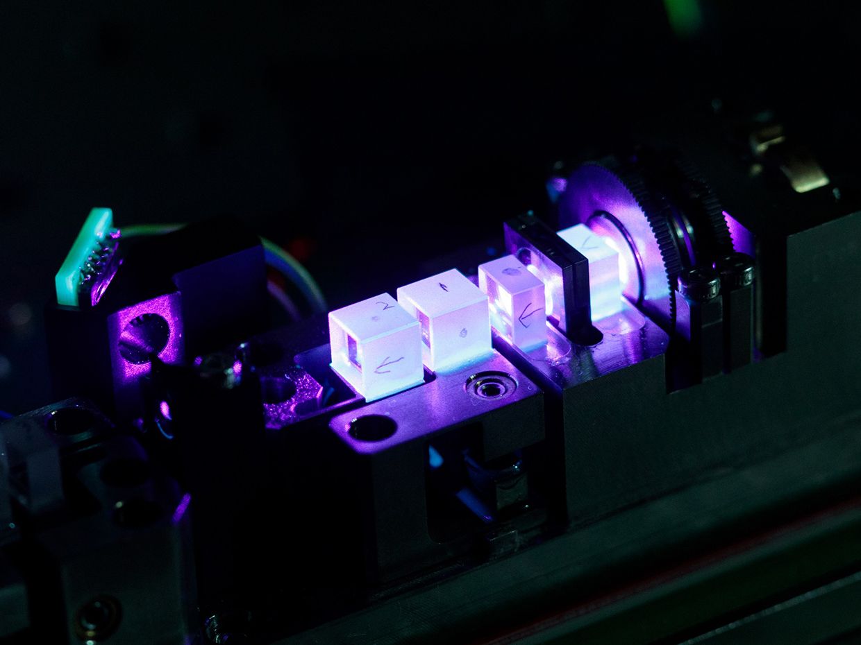 Quantum key distribution creates encryption keys using signals sent at the single-photon level. This device uses lasers and crystals to create the type of signals required for entanglement-based QKD.