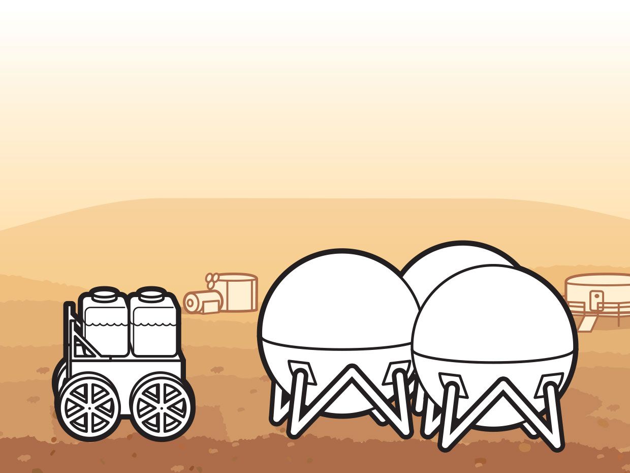 <b>5. DELIVERY:</b> The tanker robot delivers water, oxygen, and methane to human habitats and long-term storage tanks.<br /> <b>6. USE AND STORAGE:</b> Astronauts consume water and oxygen--also used to grow plants--while fuel is kept as cryogenic liquids for future use.