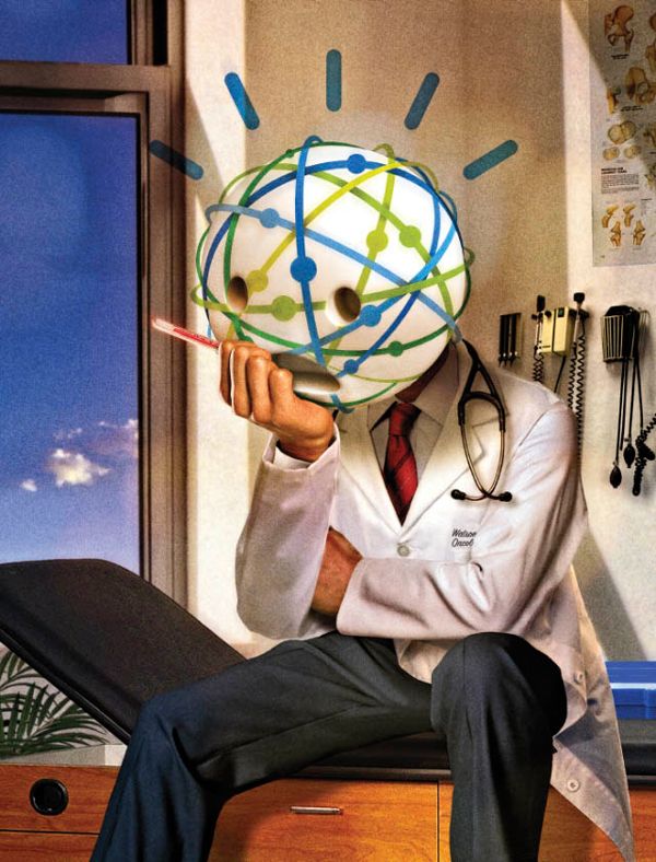 Foto-illustrazione concettuale che immagina l'IA Watson di IBM come un medico preoccupato, con il logo Watson che sostituisce il volto del medico.