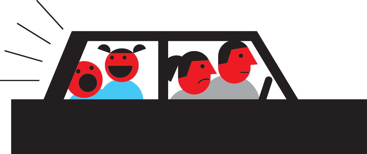 Illustration of unhappy parents driving with loud children in the back.  