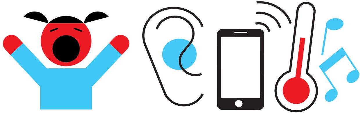 llustration of a baby crying and an Illustration of an ear, a smartphone and a thermometer.