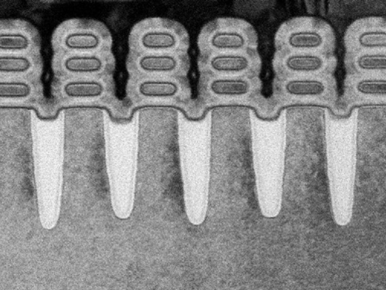 Nanosheet field-effect transistors flow current through multiple stacks of silicon that are completely surrounded by the transistor gate.