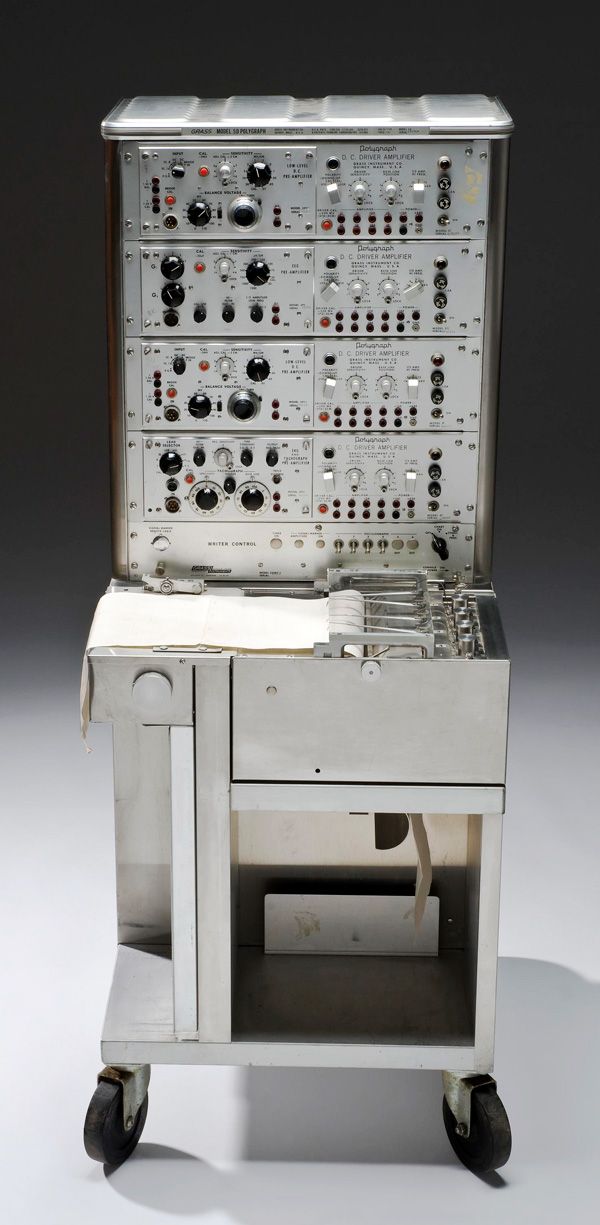 Photo of the 1960s-era polygraph machine, on display at the Science Museum in London.