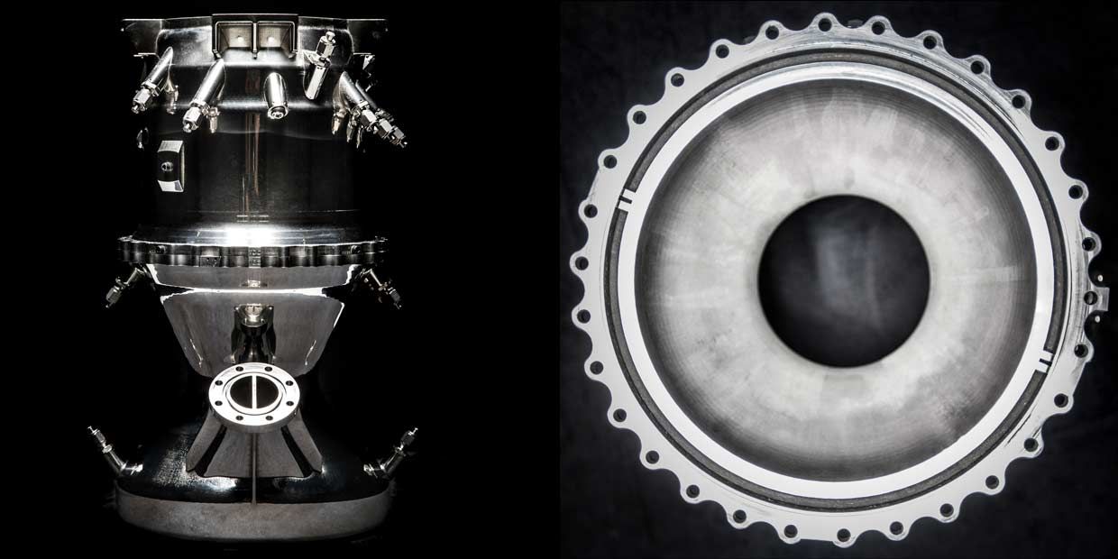 Image of Aeon engine, shown in side view [left] and from the bottom [right].