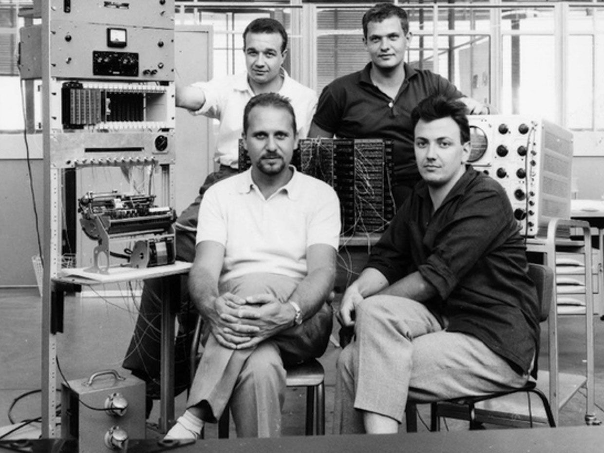 Photo of the engineering team that developed Olivetti's Programma 101 desktop calculator.