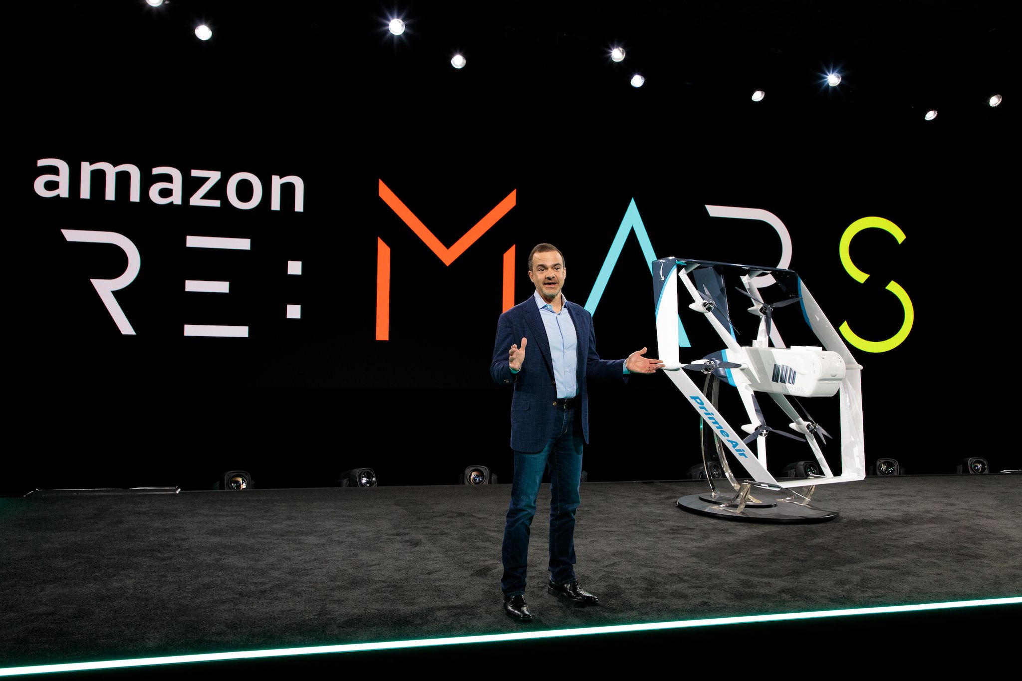 Jeff Wilke introduces new Prime Air drones at Amazon's re:MARS conference.