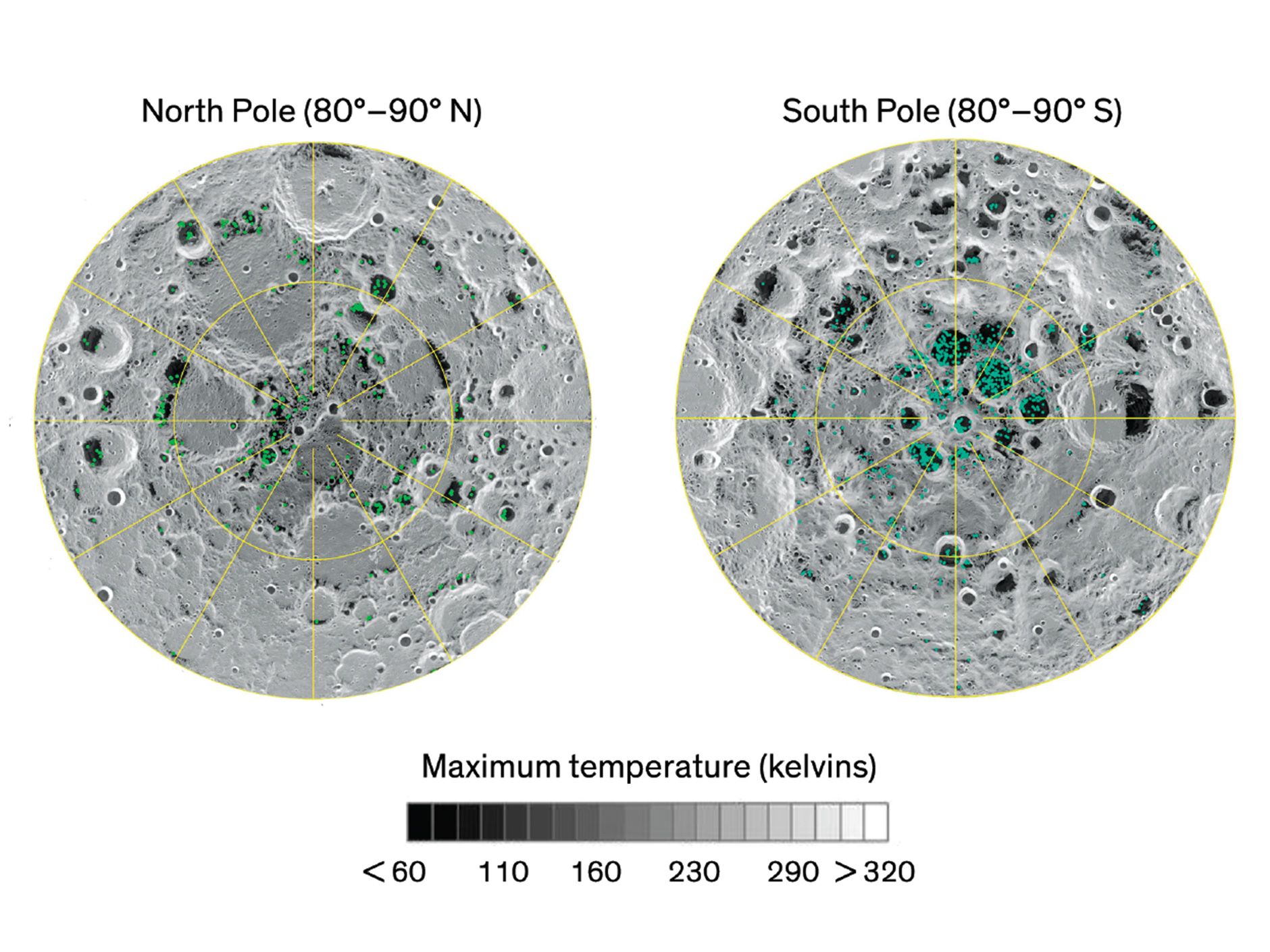 <b>Mapping the Moon:</b> Several lunar missions have produced strong evidence of water ice. A <a href="https://www.nasa.gov/">NASA</a> instrument called the <a href="https://solarsystem.nasa.gov/missions/chandrayaan-1/in-depth/">Moon Mineralogy Mapper</a> (M3) found indications of water ice on the permanently shadowed floors of some polar craters. However, the measurements suggest that only a small fraction of cold traps contain ice [colored areas], and that the ice is probably mixed with lunar regolith. <a href="https://www.pnas.org/content/115/36/8907">Data source.</a>