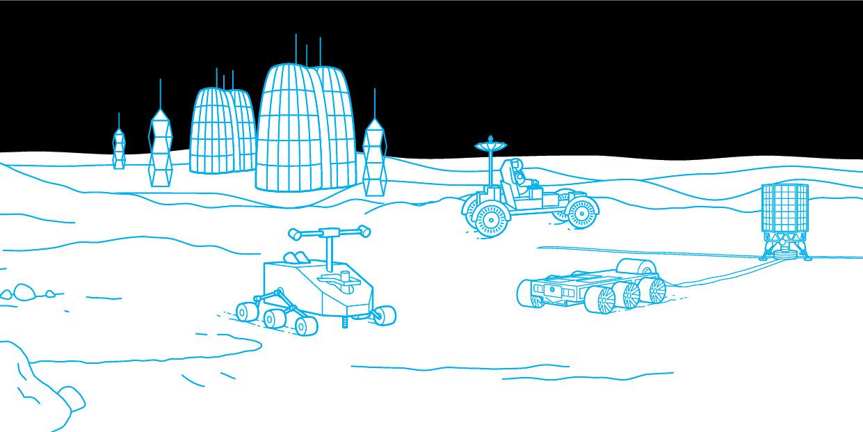 Illustration showing science, communications and navigation on the moon.