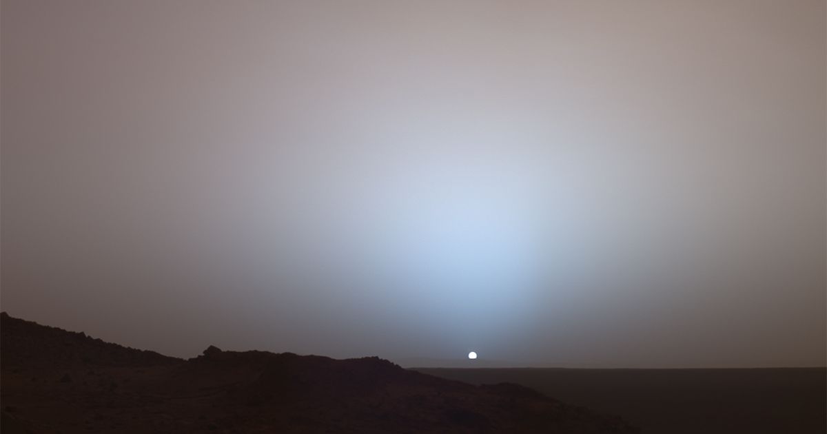On May 19th, 2005, NASA's Mars Exploration Rover Spirit captured this stunning view as the Sun sank below the rim of Gusev crater on Mars.