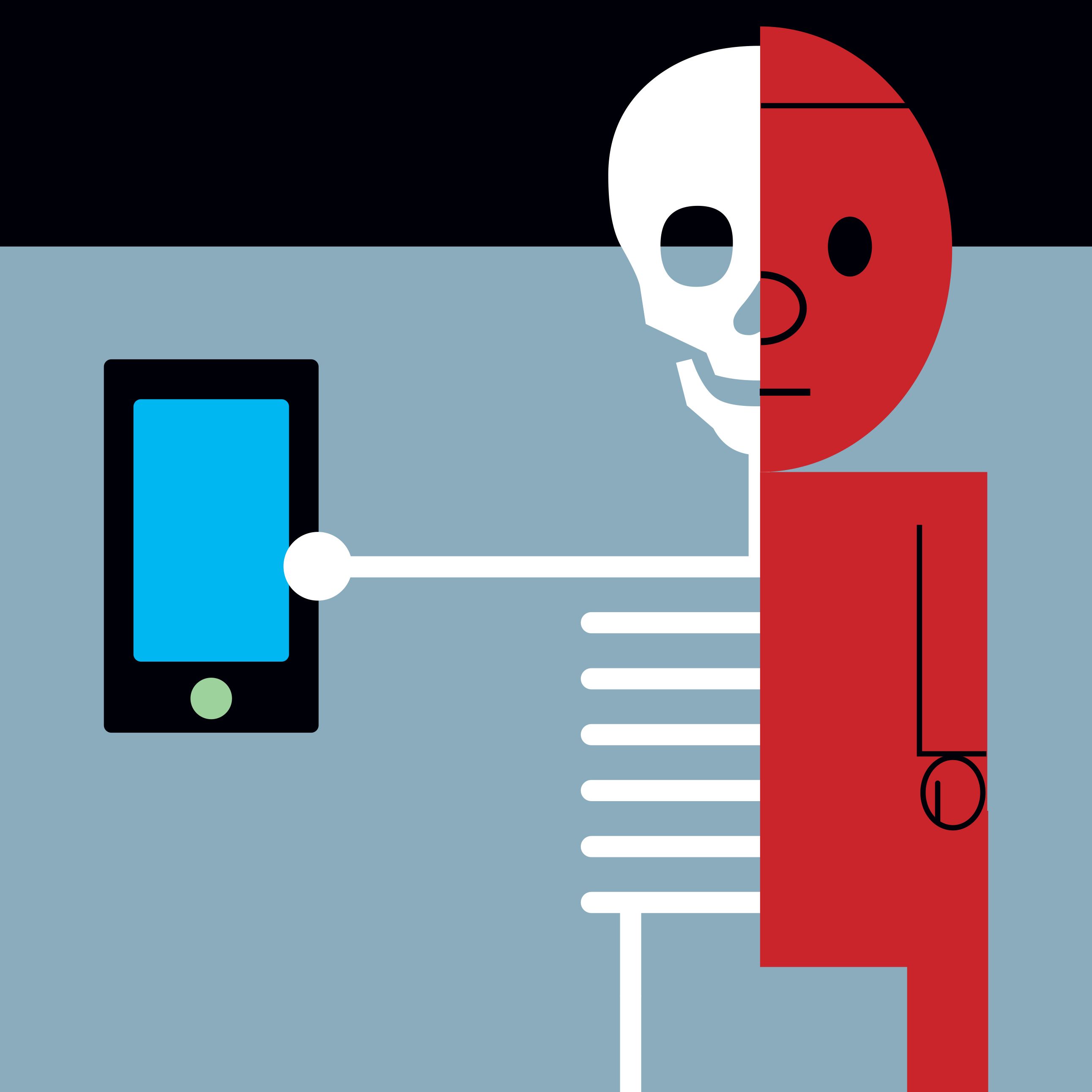 Illustration of a human holding a phone, half of the body is a skeleton as if xrayed.