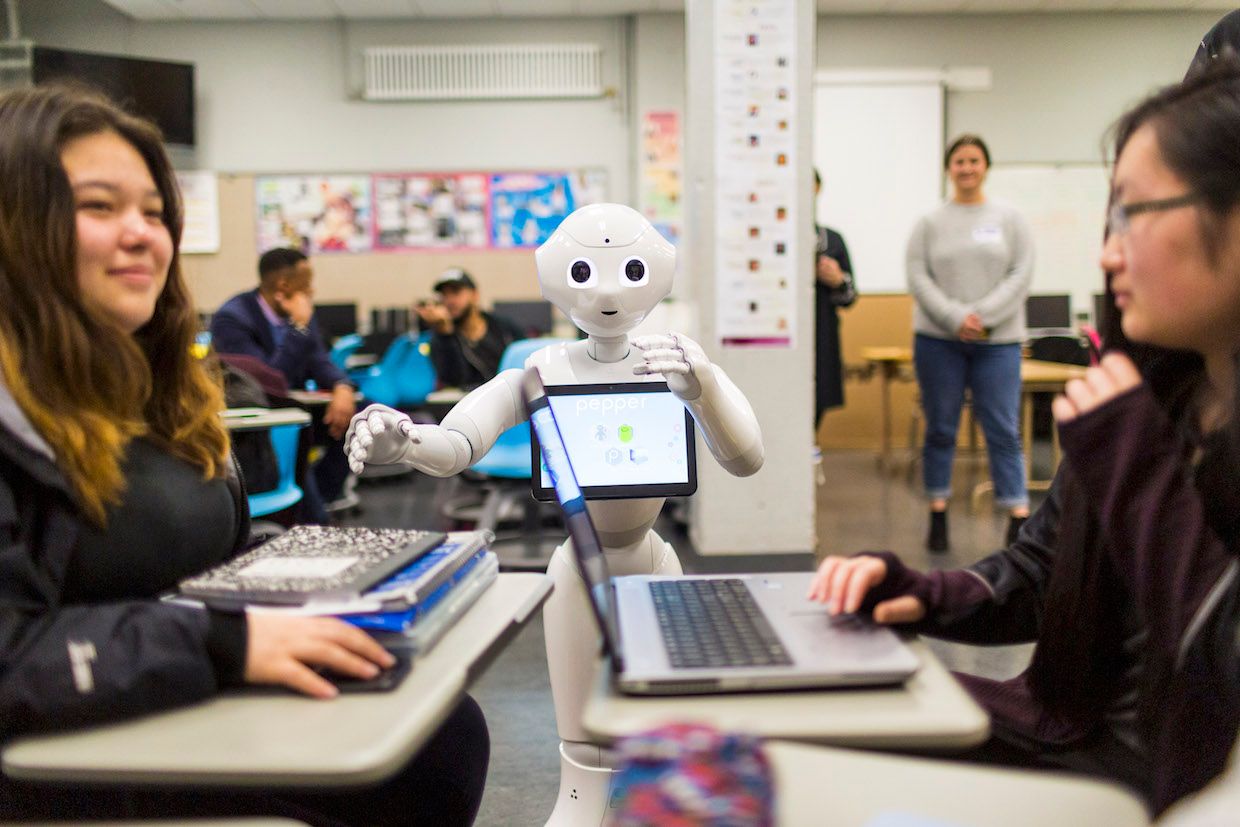 SoftBank's Pepper humanoid robot in a classroom