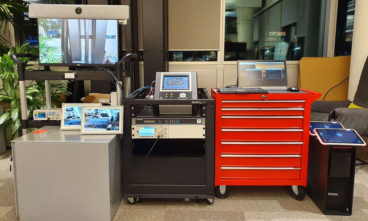 A bank of testing equipment and computer screens is pictured in Facebook's offices. 