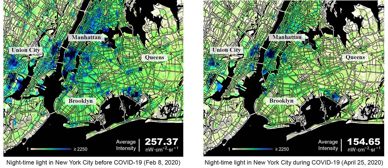 Side by side graphics compare night time light in New York City on February 8, 2020 (left) and April 25th, 2020.