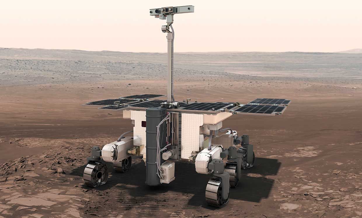 Illustration of the The ExoMars rover on the Martian surface.