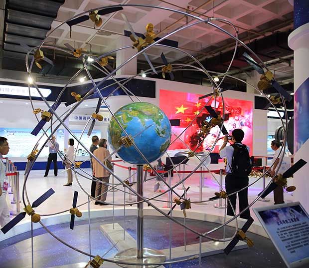 A model of China's Beidou satellite navigation system is on display during the 20th China Beijing International High-tech Expo (CHITEC) at the Beijing International Exhibition Center in Beijing, China, 8 June 2017. 