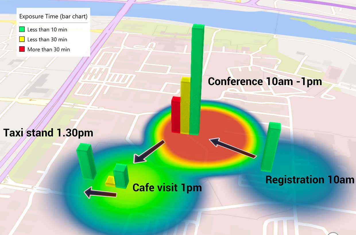 Wi-Fi network data was used to create this heat map of a day spent on a university campus by someone with a hypothetical Covid-19 infection. Other people who were in the same place as the infected person for a significant amount of time (the red bar) could be identified and contacted by university officials.
