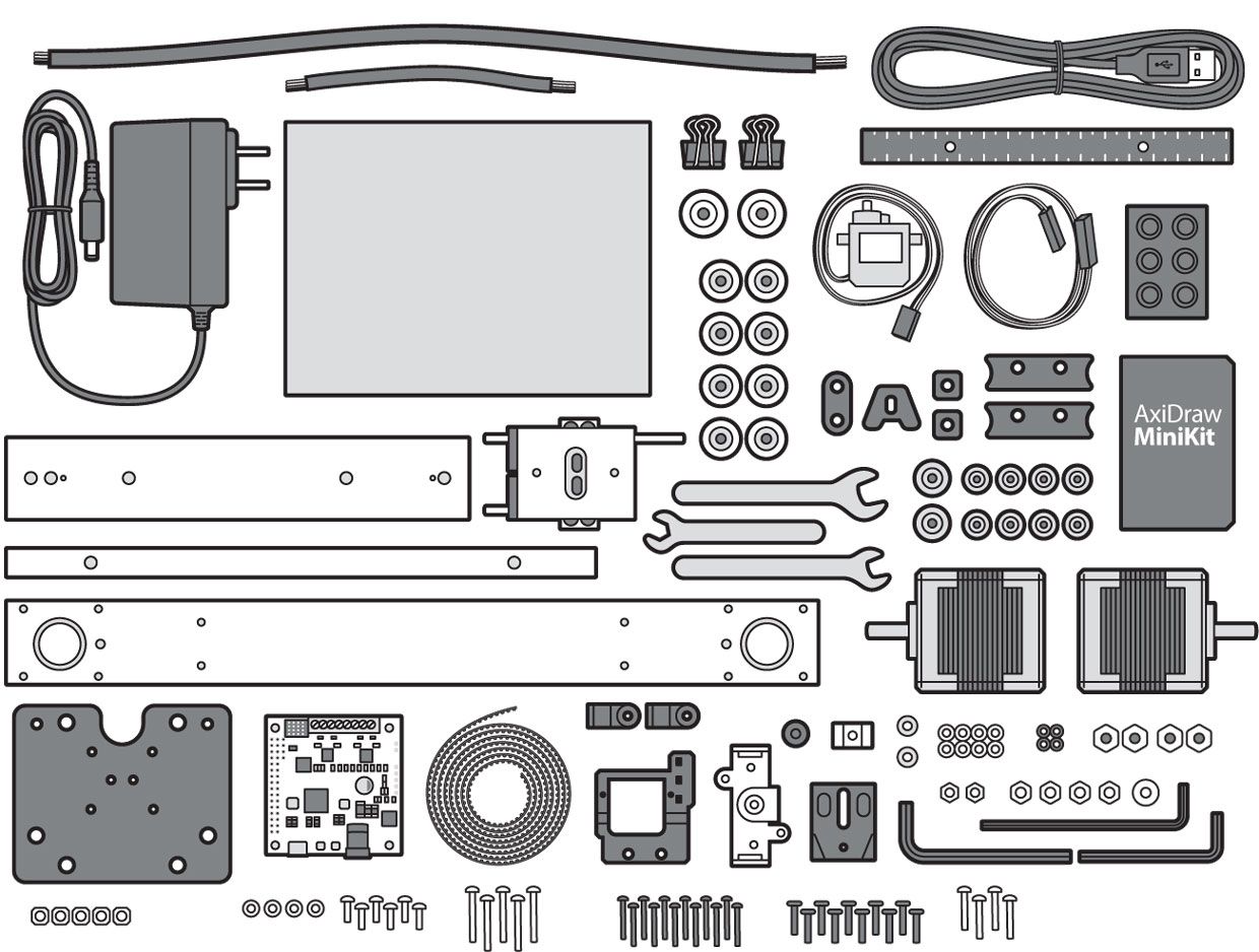Illustration of the parts of the AxiDraw MiniKit.