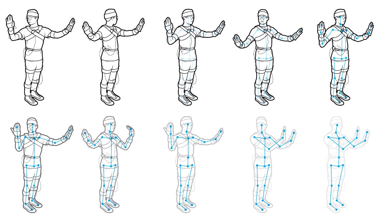 Illustration of the motion capture from person to stick figure.  