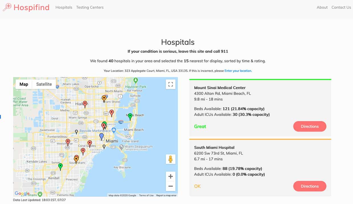 Hospifind Florida hospitals screenshot