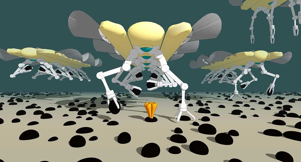 Conceptual illustration of C-Ray robots mining on the sea floor.