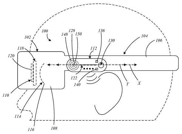 A side view of a head for Apple's patent drawing for augment reality glasses.