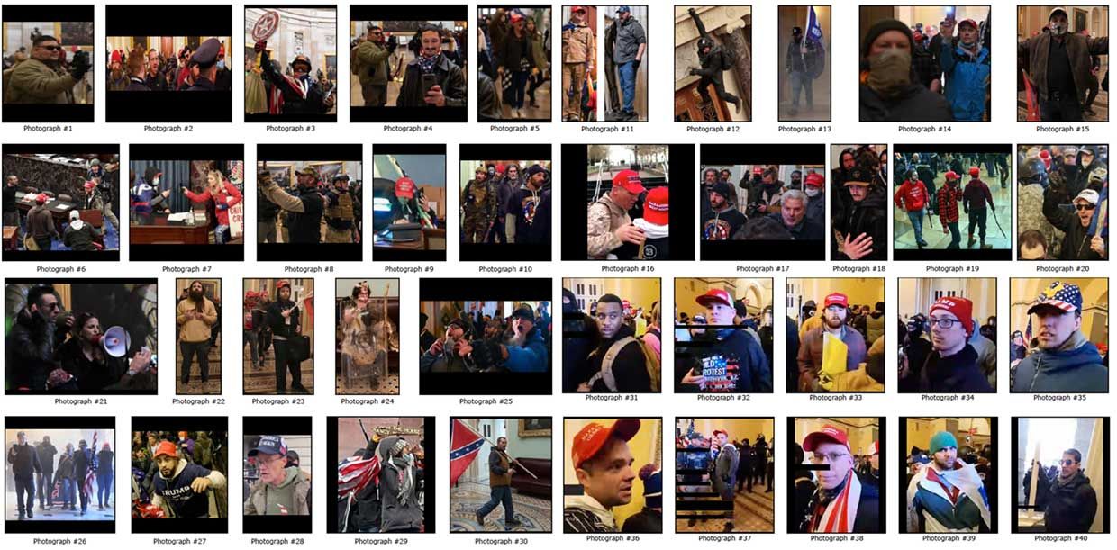A collection of photographs of some of the people who attacked the United States Capitol Building on January 6, 2021, in Washington, D.C.