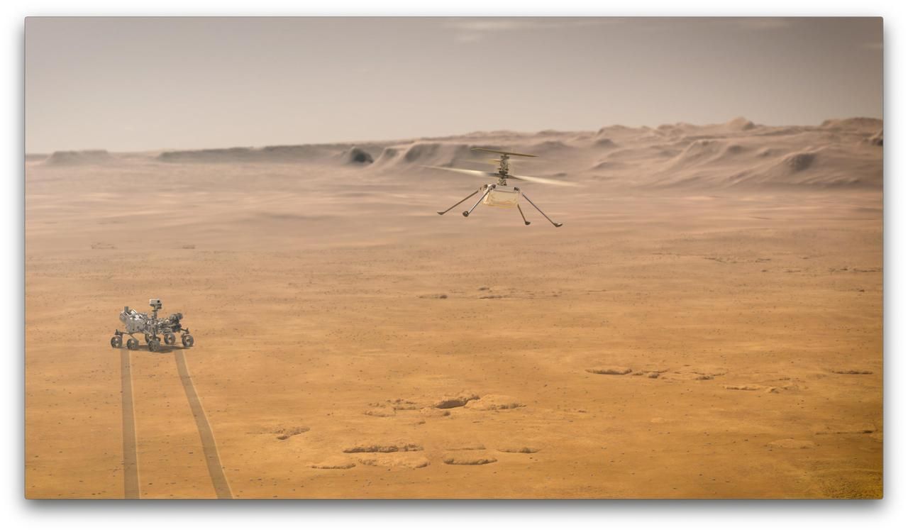 This illustration depicts Mars Helicopter Ingenuity during a test flight on Mars.