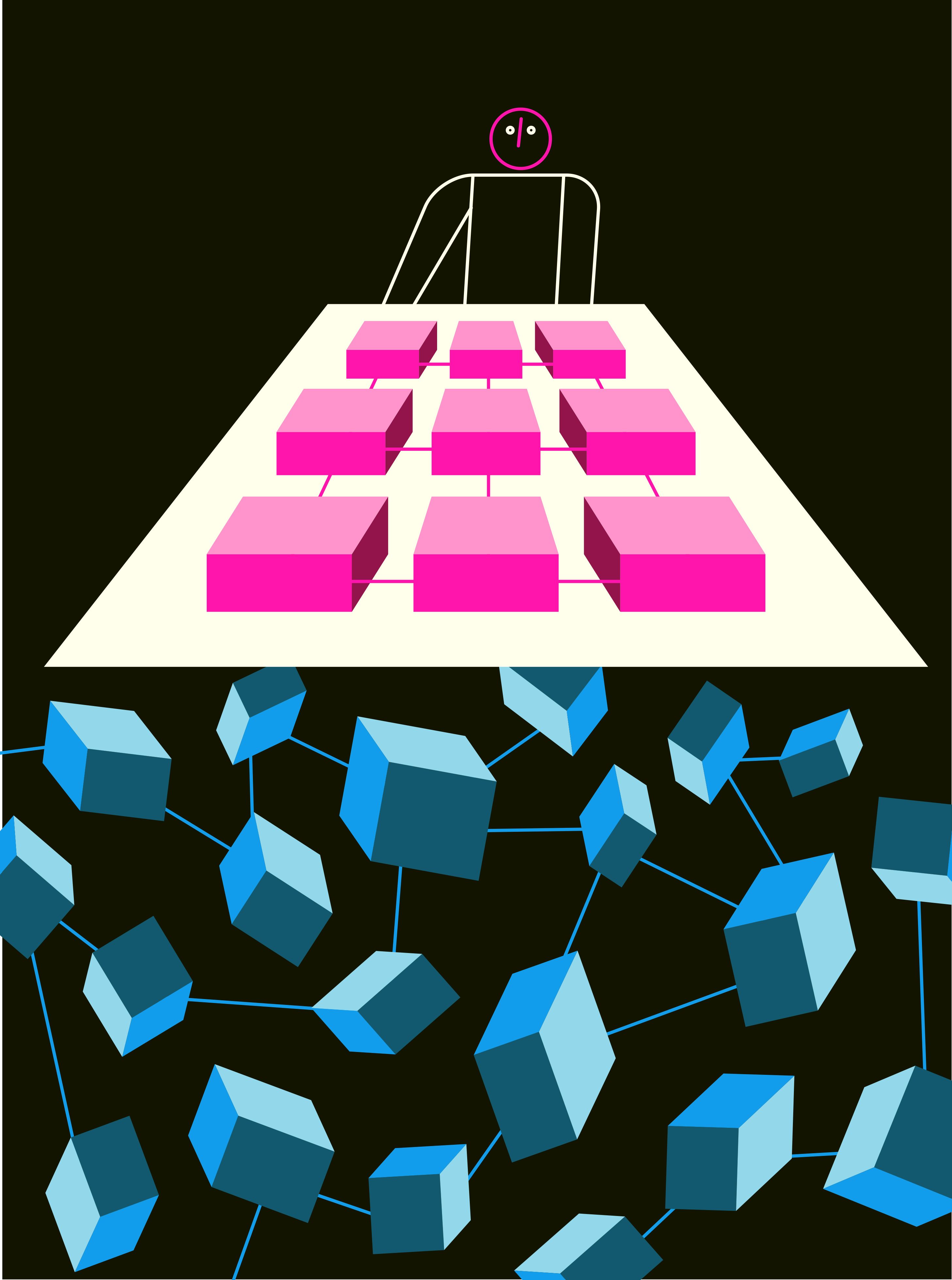 Illustration of a figure looking at 3d pink squares.