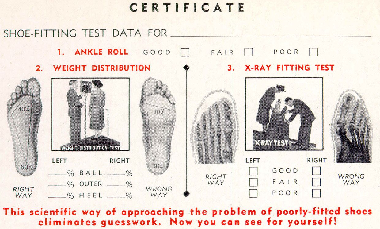 Zertifikate, die an Kunden ausgestellt wurden, unterstrichen den wissenschaftlichen Ansatz des Schuhfitting-Fluoroskops.