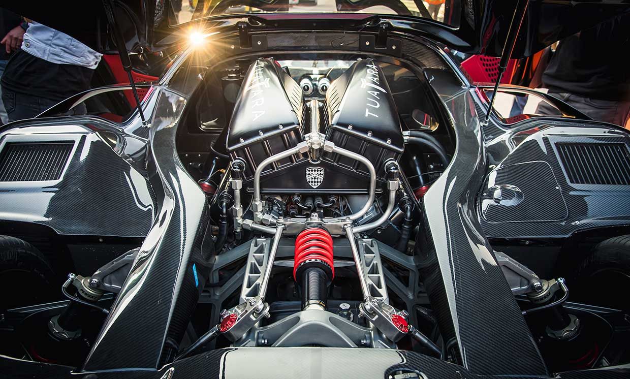 The Tautara’s beating heart is a mid-mounted, twin-turbo V-8 that makes 1,750 horsepower on E85 gasoline-ethanol fuel.