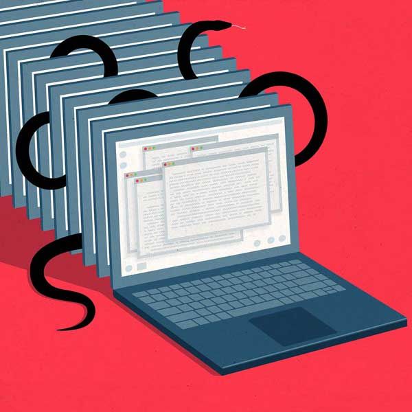 Illustration of a laptop screens with snakes between them.  