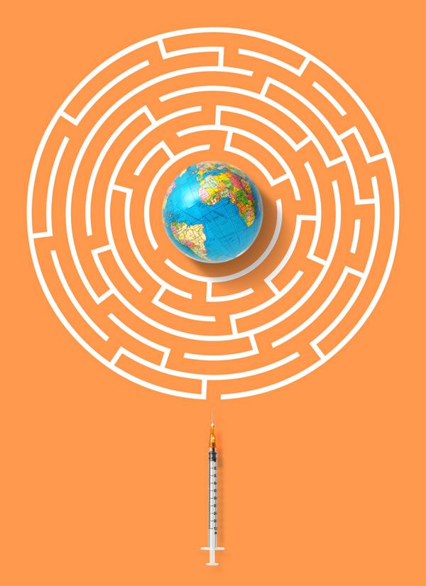 Image of a maze with the Earth at the center and a hypodermic needle at the bottom.