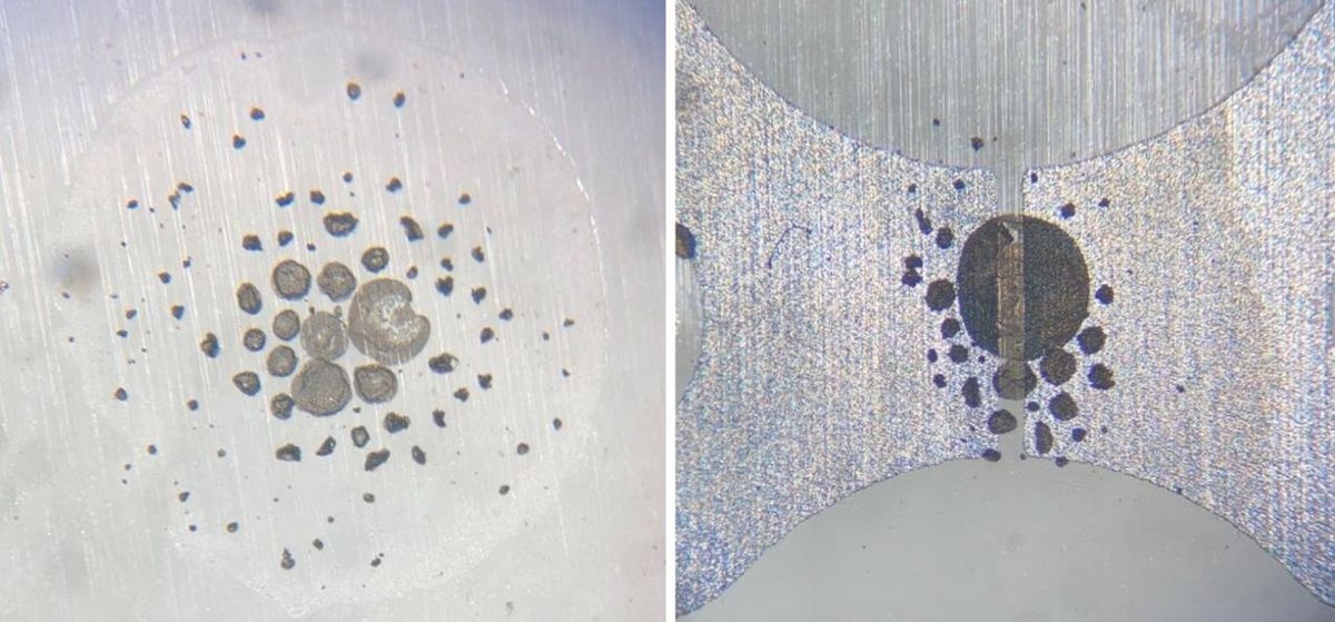 2 micrographs showing drops of different sizes on left, then together in a more narrow space on the right.
