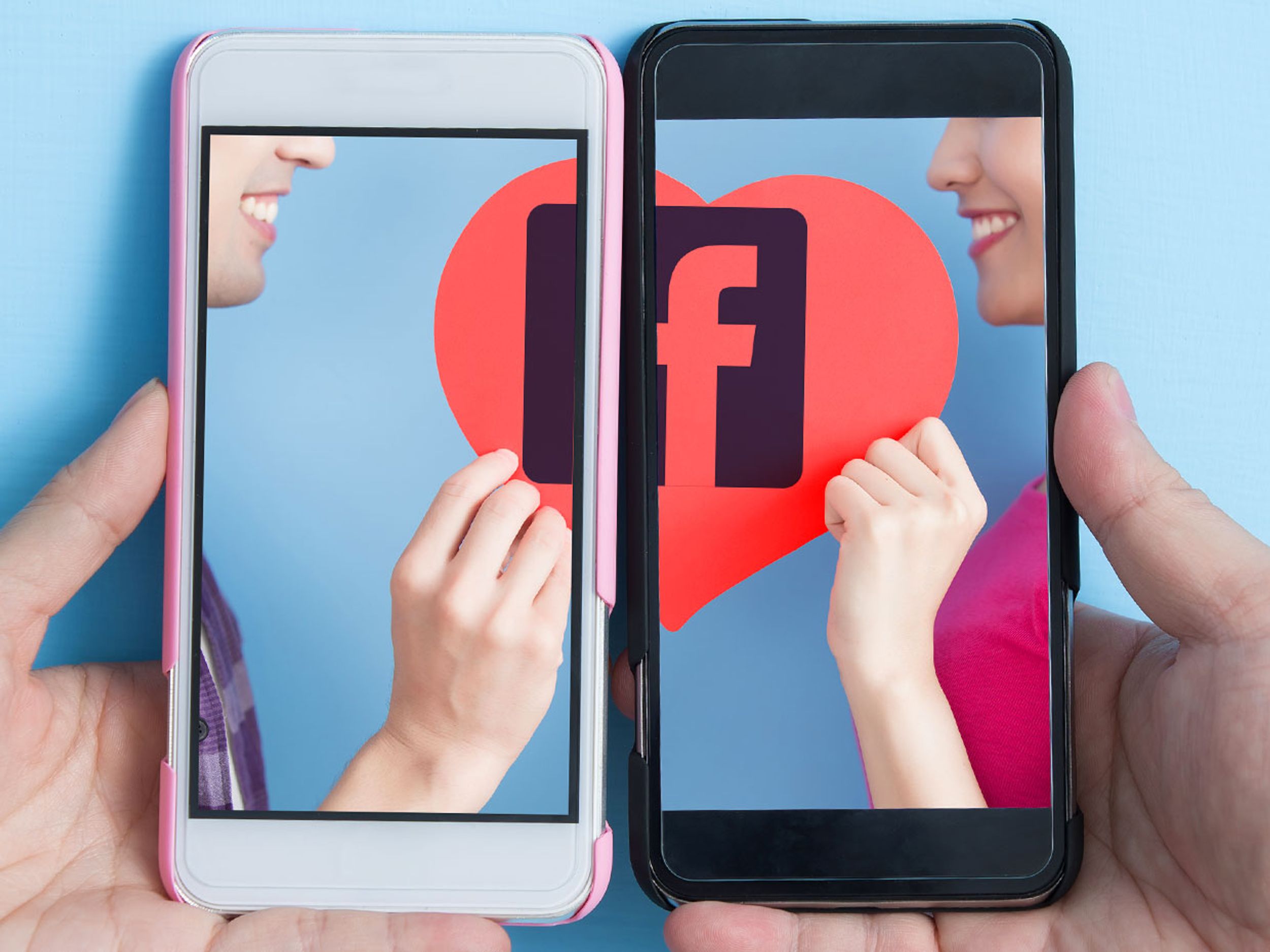 2 phones with people and a heart and Facebook icon on them to indicate dating through Facebook.