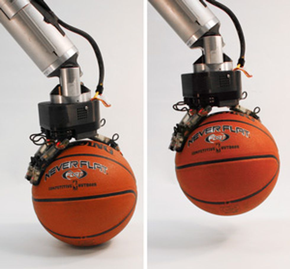 2 photos of robotic hand gripping basketball