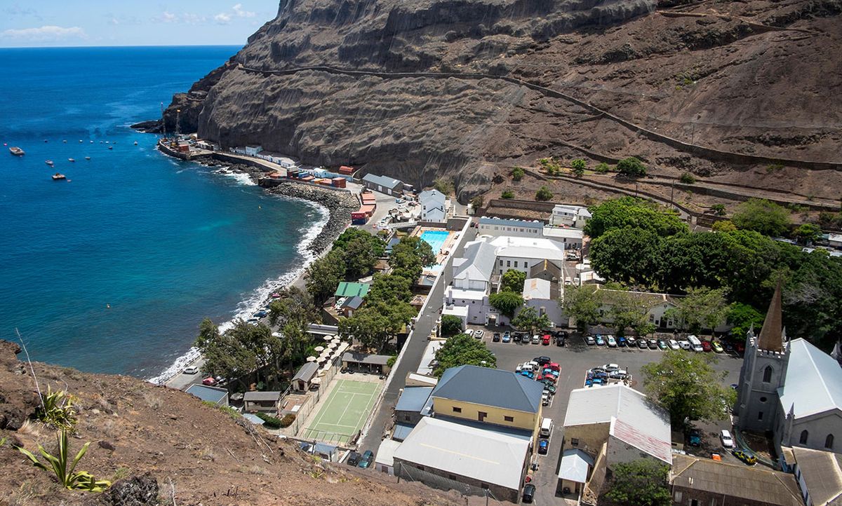 2018 aerial photo showing the St. Helena seafront and port.