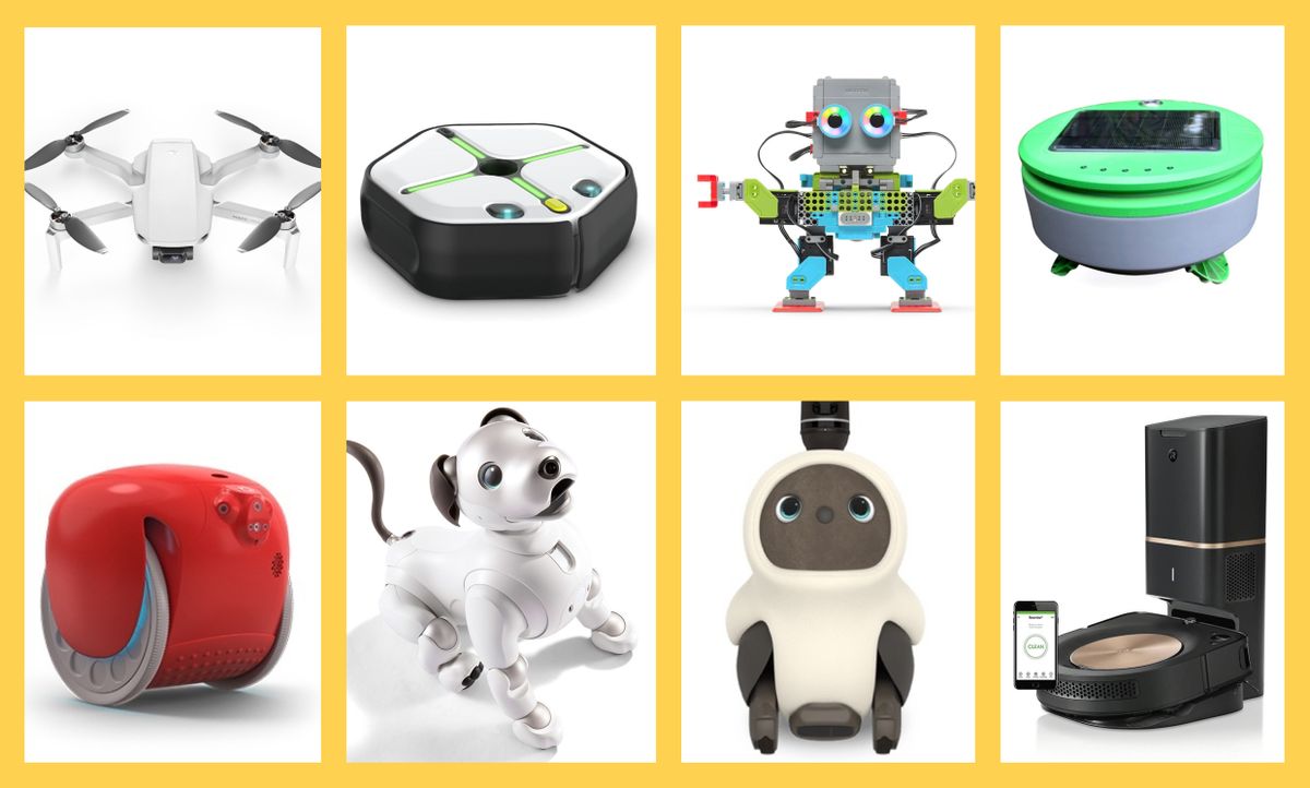 2019 Robot Gift Guide robots: DJI Mavic Mini, iRobot Root, UBTECH Jimu MeeBot 2.0, Franklin Robotics Tertill, iRobot Roomba s9, Groove X LOVOT, Sony Aibo, PFF Gita