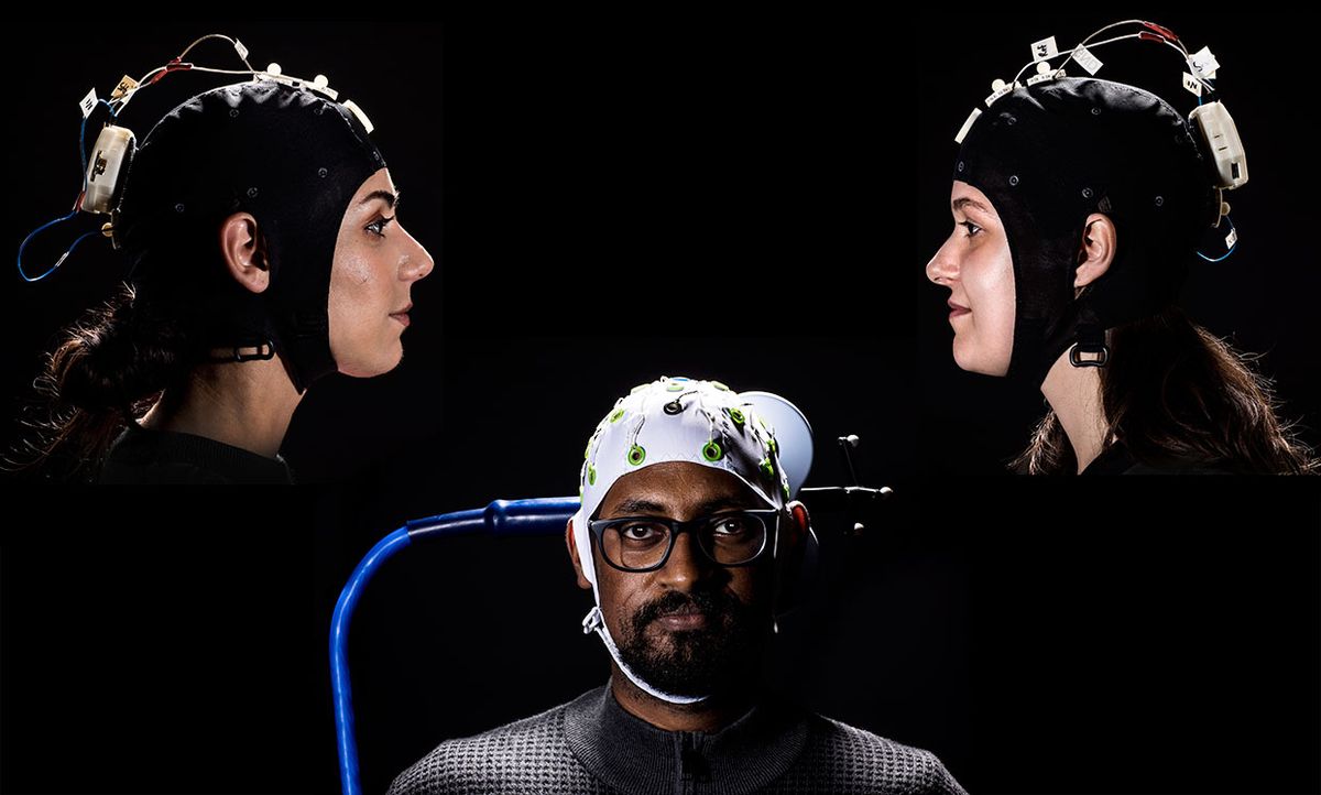 3 combined photographs of users of the BrainNet, a multi-person non-invasive direct brain-to- brain interface for collaborative problem solving.