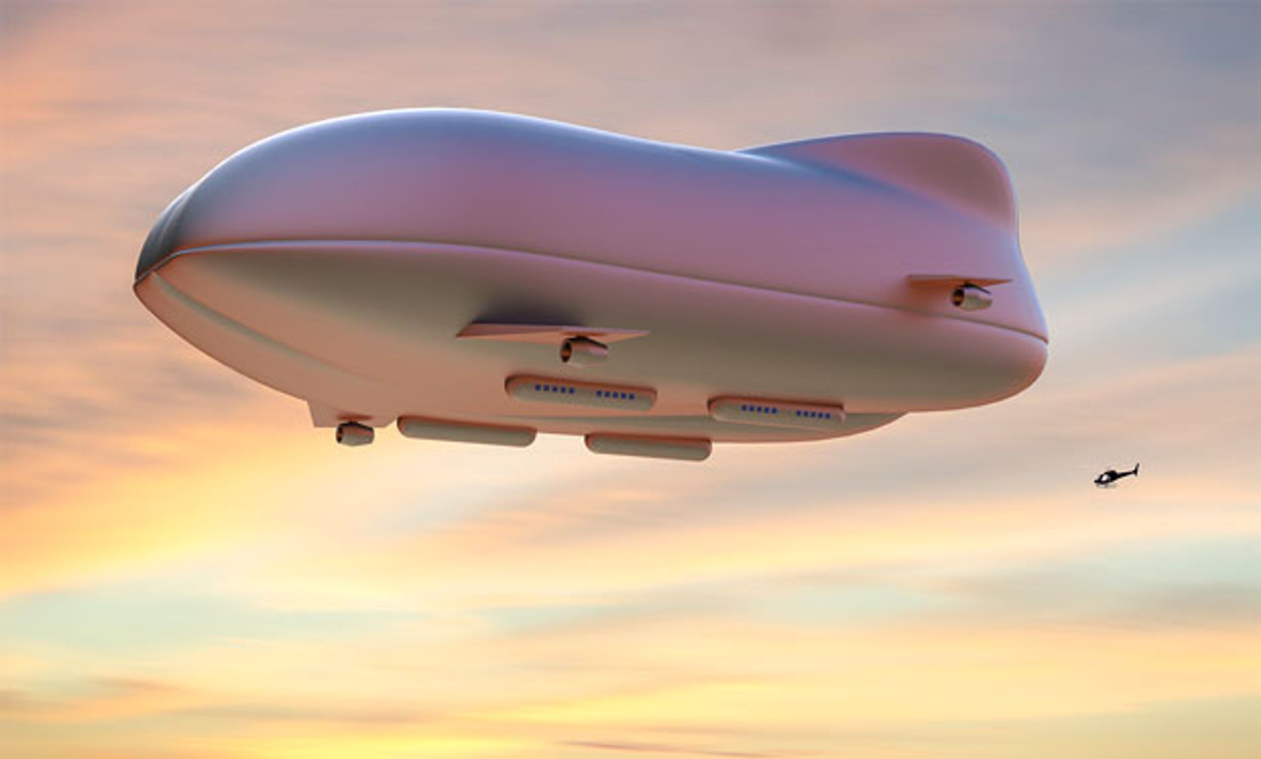3-D rendering of an airship on a sunset sky.