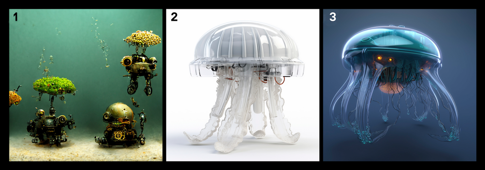 3 images of robots that resemble jellyfish.