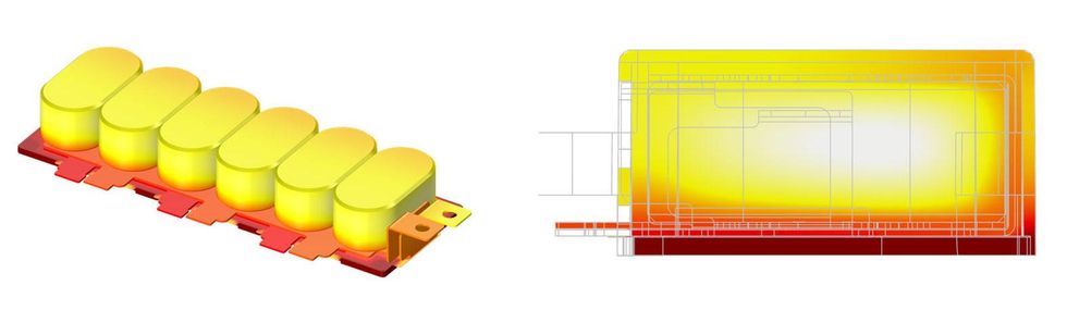 3D model of computer simulation of the thermal effects inside the DC link capacitor.